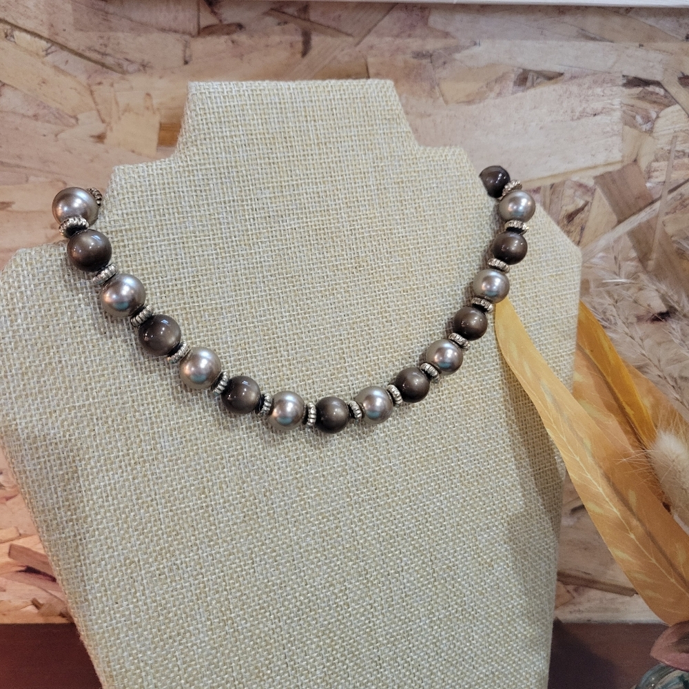 Elegant Silver and Brown Beaded Necklace